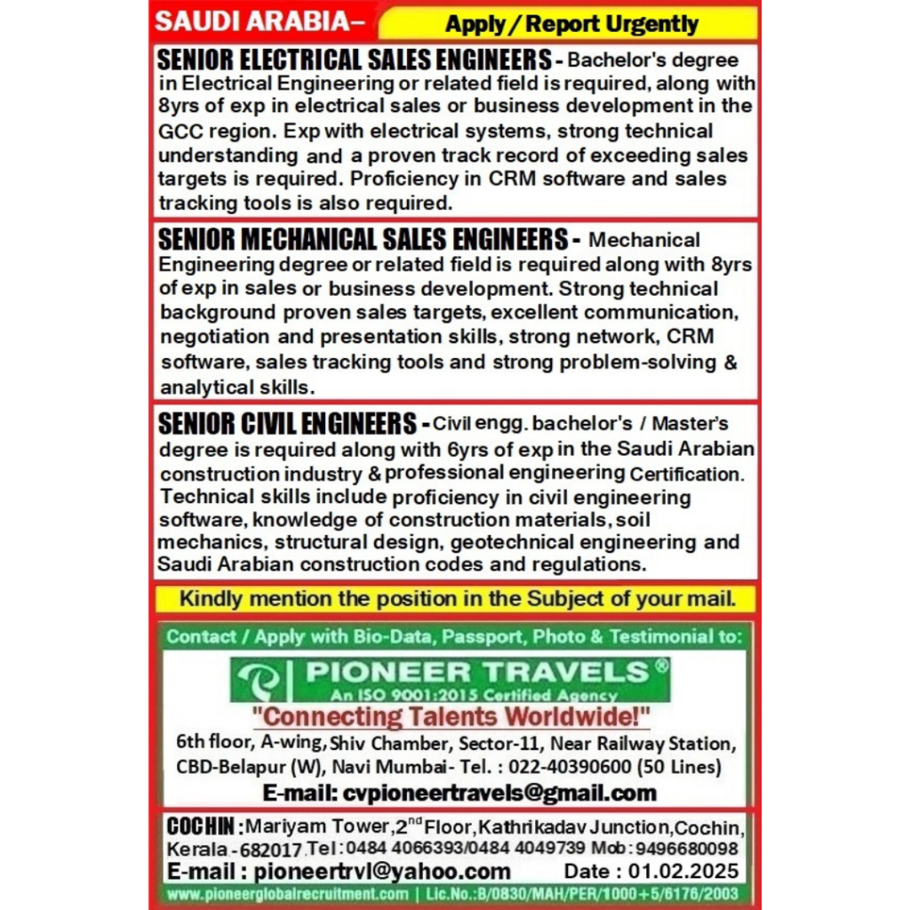 Urgent hiring for saudi arabia